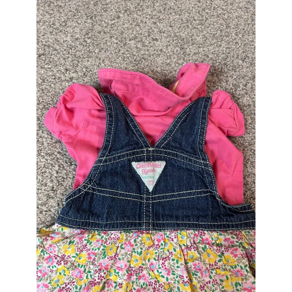 OshKosh Bgosh Baby Girls 3M Pink Polo Bodysuit Denim Floral Overall Dress Set